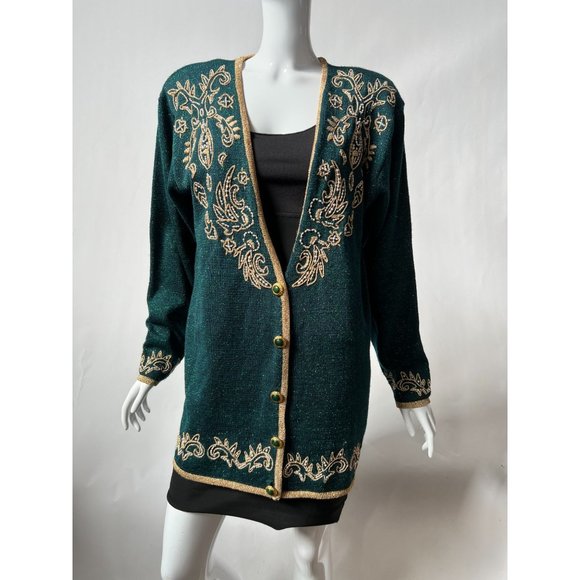 Jaclyn Smith Beaded and Embroidered Cardigan Sweater M Green, Gold Metallic Th - Picture 1 of 16
